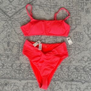 Aerie bright pink / coral Bikini Set – Adjustable Top & High-Waist Bottom